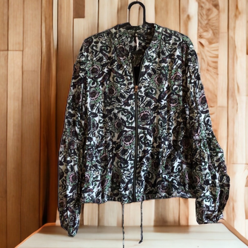 Free People Soft Printed Balloon‎ Sleeve zip up Jacket Multicolor 20988 Small